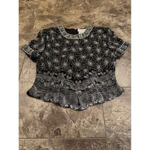 Vintage Papell Boutique Evening Black Silk Beaded Floral Peplum Top PM